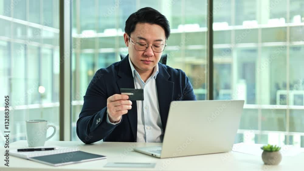 Focused Korean businessman using laptop and credit card at modern office desk. Confident male entrepreneur making online payment. Focused Korean businessman using laptop and credit card at modern office desk. Confident male entrepreneur making online payment.
