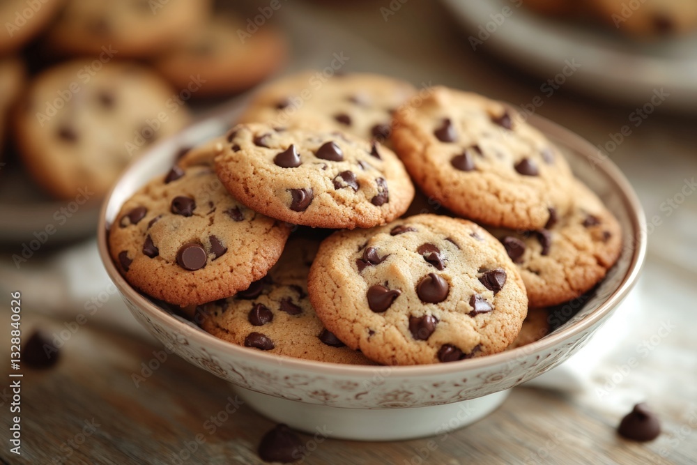 Freshly baked chocolate chip cookies in a decorative bowl ready for serving at a cozy kitchen gathering Freshly baked chocolate chip cookies in a decorative bowl ready for serving at a cozy kitchen gathering