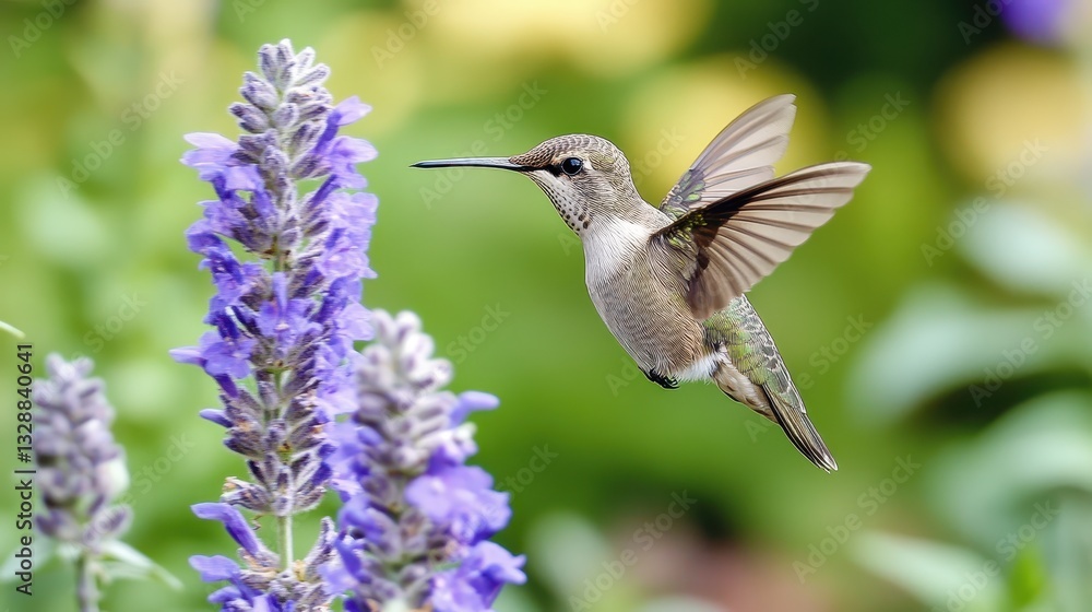 Naklejka premium Hummingbird Hovering Near Purple Flowers in Vibrant Garden Scene