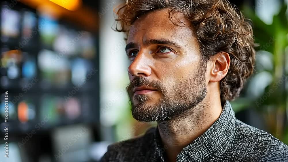 Thoughtful man in a modern café, surrounded by lush greenery and vibrant artwork on the walls Thoughtful man in a modern café, surrounded by lush greenery and vibrant artwork on the walls