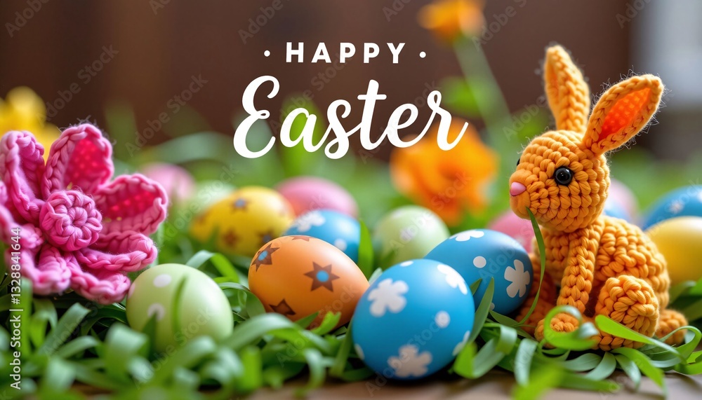 Happy Easter Crochet Bunny, Eggs, Grass, Spring
