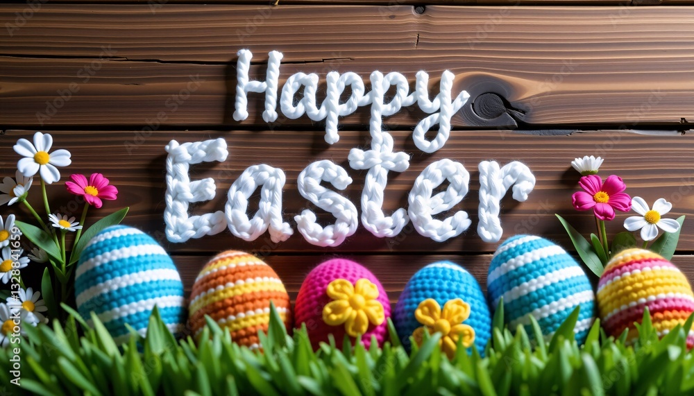 Happy Easter Crochet Letters, Eggs, Wood Background