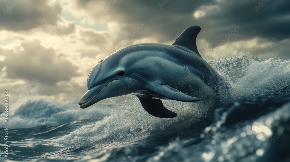 Fototapeta premium Dolphin Leaping Above Ocean Waves Under Dramatic Cloudy Sky