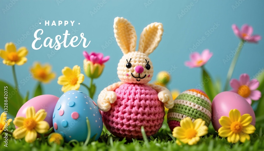 Happy Easter Crochet Bunny, Eggs, Flowers, Spring