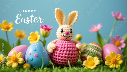 Obraz na płótnie Happy Easter Crochet Bunny, Eggs, Flowers, Spring w salonie