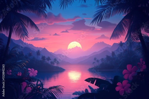 Beautiful tropical sunset over a serene lake with palm trees and colorful clouds in the sky
