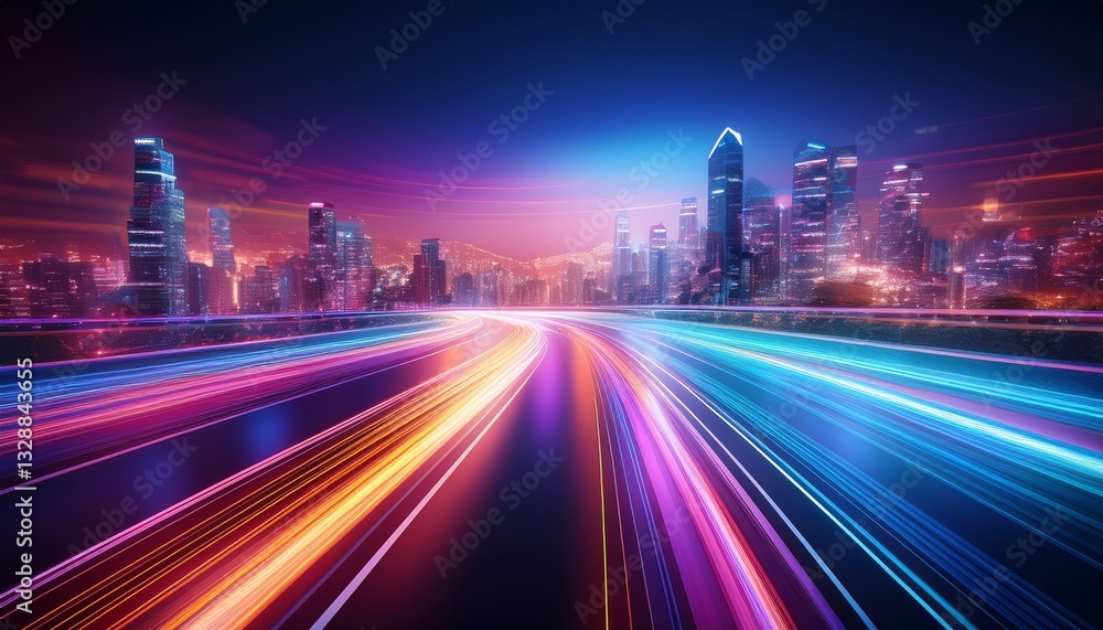 Fototapeta premium Dynamic motion-blurred cityscape illuminated by vibrant colorful light trails, creating a futuristic and energetic urban scene. Perfect for modern and tech-related projects