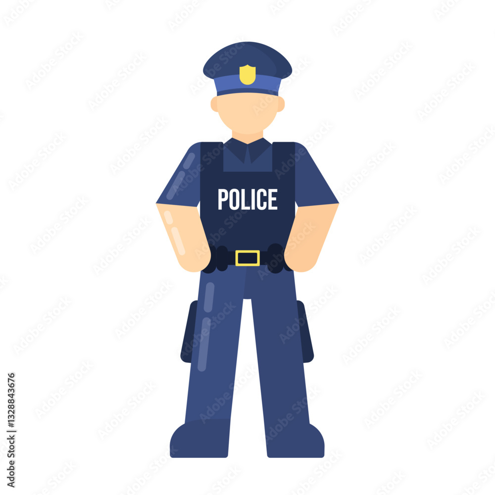 The image features a flat-style illustration of a police officer in a dark blue uniform, wearing a cap with a badge. The image features a flat-style illustration of a police officer in a dark blue uniform, wearing a cap with a badge.