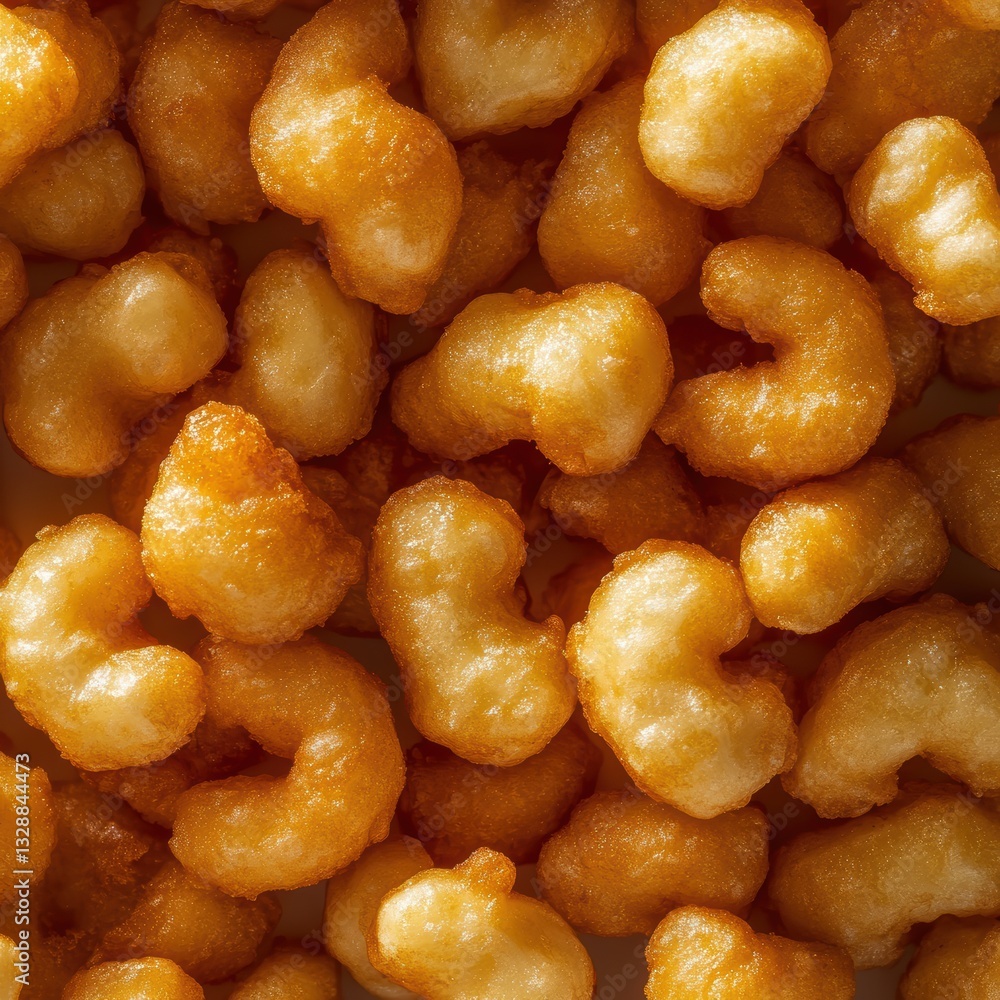 Golden Snack Puffs Piled Up on White Background Close Up Shot Golden Snack Puffs Piled Up on White Background Close Up Shot