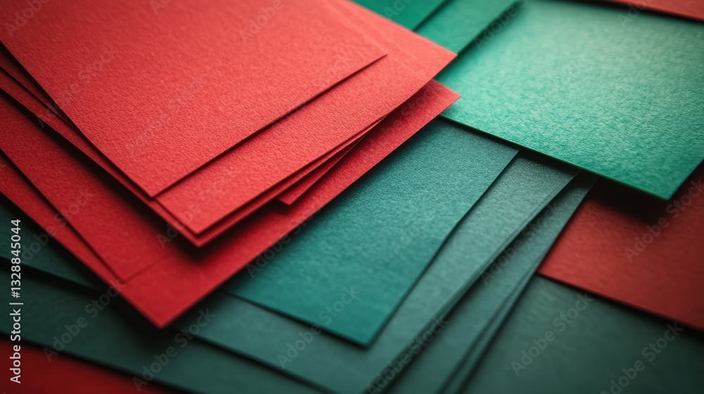 Fototapeta premium Vibrant heap of red and teal paper sheets cascading with soft edges; a dynamic blend of colors and textures, inviting exploration
