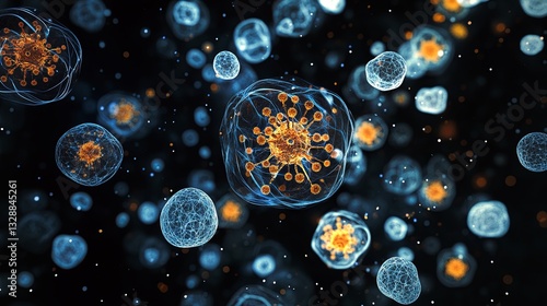 A high-contrast visualization of HMPV particles with their structural proteins highlighted. picture