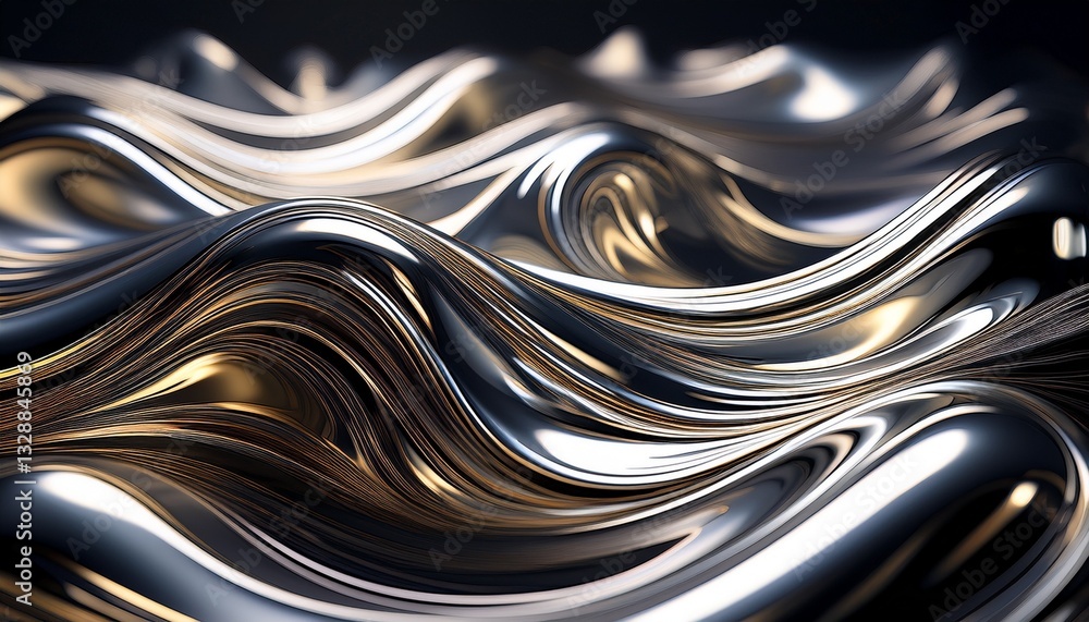 Fototapeta premium Metallic chrome waves reflecting light in irregular, liquid-like distortions, creating a modern and abstract design
