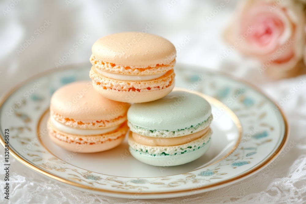 Elegant pastel macarons arranged on a delicate plate with a soft floral background Elegant pastel macarons arranged on a delicate plate with a soft floral background