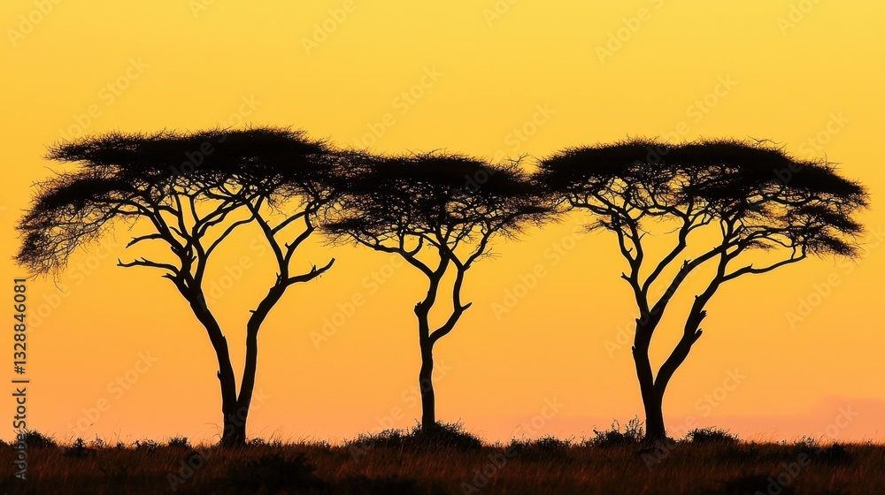 A tranquil scene unfolds in Amboseli as the day fades, the silhouette of acacia trees accentuated by the rich, golden hues of twilight. A tranquil scene unfolds in Amboseli as the day fades, the silhouette of acacia trees accentuated by the rich, golden hues of twilight.