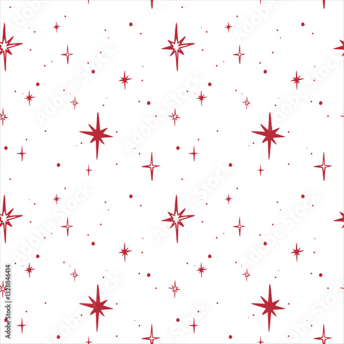 Red stars, large and small. Seamless pattern EPS vector hand drawn for festive packaging paper, textile, wrapping, fabric, wallpaper, design, winter holiday season and scrapbooking. Outline sketch.