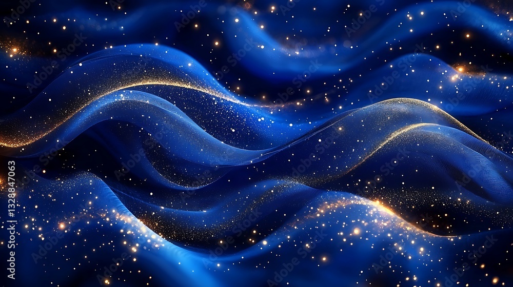 Fototapeta premium Blue waves with golden sparkles in dark background