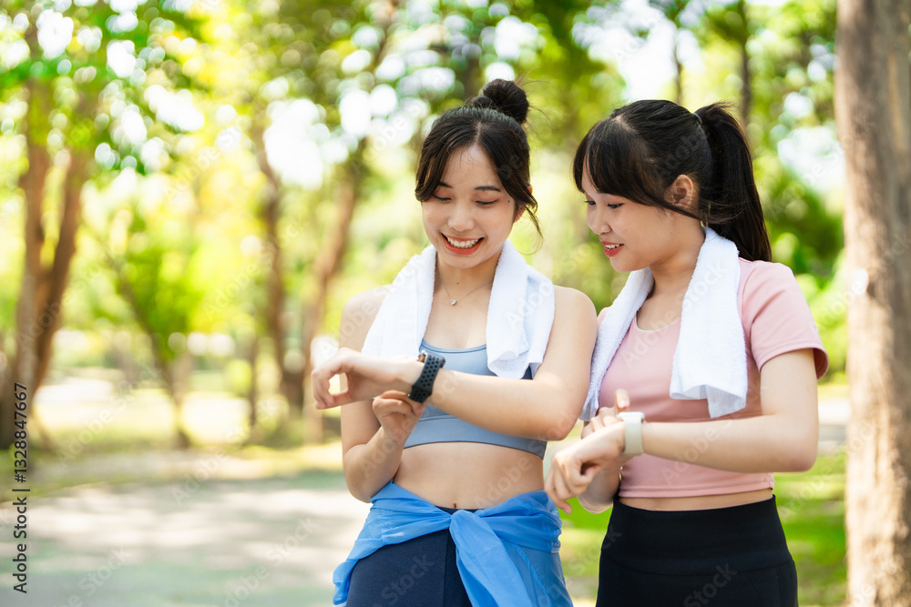 Fototapeta premium Young fit women looking at smartwatch and counting calories burned. Healthy life concept
