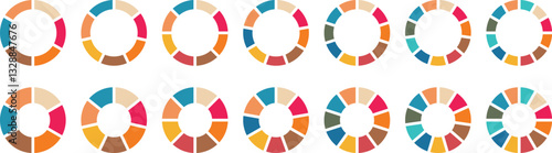 Pie chart set. Circle section graph. Pie charts diagrams. Infographic element round shape. Vector. Pie chart divided 1,2,3,4,5,6,7,8,9,10,11,12 equal parts. Different color circles isolated.