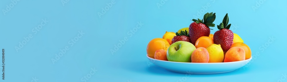 Surreal Concept of Floating Fruit Plate Divided by Color Against a Vibrant Blue Background Surreal Concept of Floating Fruit Plate Divided by Color Against a Vibrant Blue Background