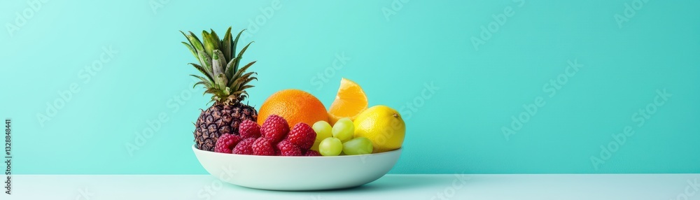 Surreal Concept of Floating Divided Plate with Fresh Fruits on Vibrant Background Surreal Concept of Floating Divided Plate with Fresh Fruits on Vibrant Background