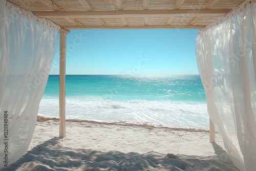 Relaxing beach view with white curtains fluttering under a clear blue sky in a tropical paradise during a sunny day