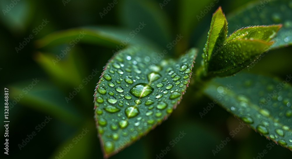A macro shot of fresh spring leaves covered in glistening raindrops, illuminated by soft morning light. A macro shot of fresh spring leaves covered in glistening raindrops, illuminated by soft morning light.