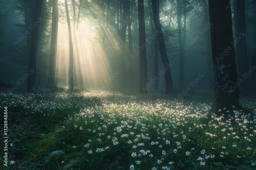 Obraz premium Golden sunlight filters through misty forest trees illuminating a carpet of wildflowers at dawn