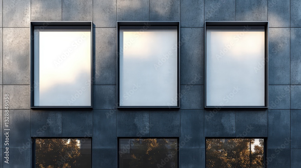Fototapeta premium A modern building facade featuring three rectangular windows, showcasing a sleek design and reflecting surrounding greenery.