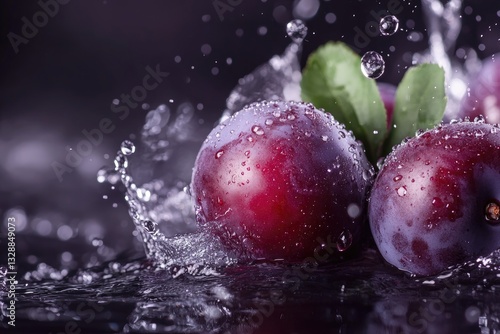 Juicy plums splash into water, creating droplets against a dark background, emphasizing freshness and vibrant colors.