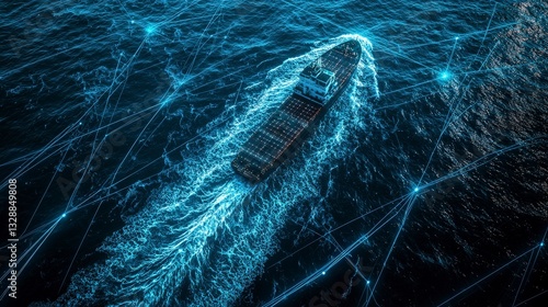 Futuristic ship traversing the ocean with virtual grid
