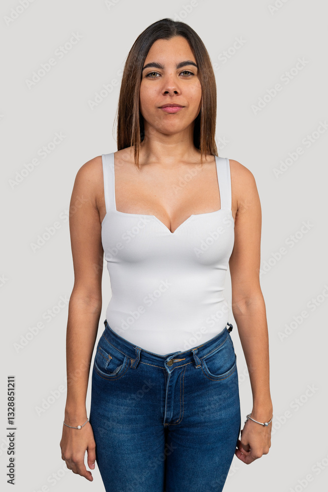 Fototapeta premium Young latin woman posing in white top and jeans on plain background