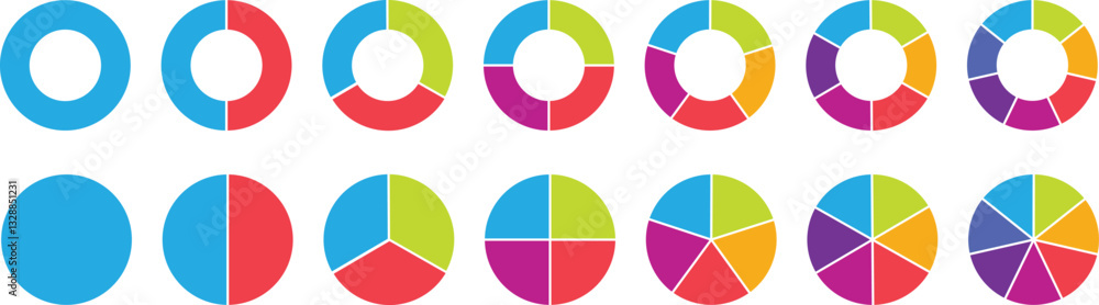 Pie chart color icons. Circle section graph. 1,2,3,4,5 segment infographic. Wheel round diagram part symbol. Circular chart with segments. Vector illustration. Wheel division into fractions, sectors. Pie chart color icons. Circle section graph. 1,2,3,4,5 segment infographic. Wheel round diagram part symbol. Circular chart with segments. Vector illustration. Wheel division into fractions, sectors.