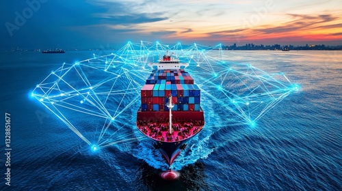 Close-up of a cargo ship with digital network grid