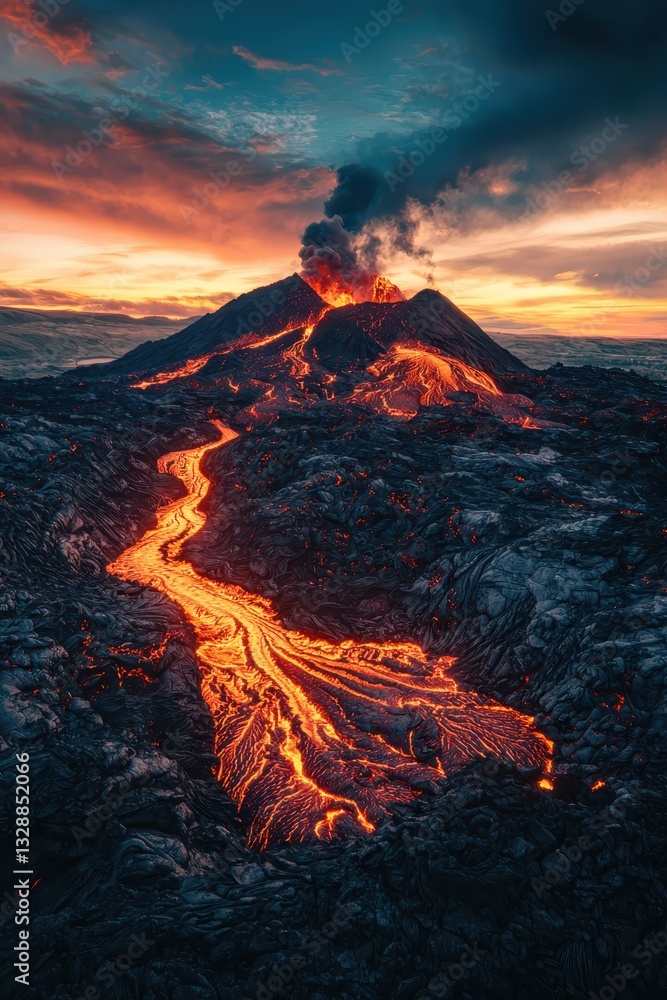 Erupting Volcano at Sunset with Flowing Lava and Dramatic Clouds Erupting Volcano at Sunset with Flowing Lava and Dramatic Clouds