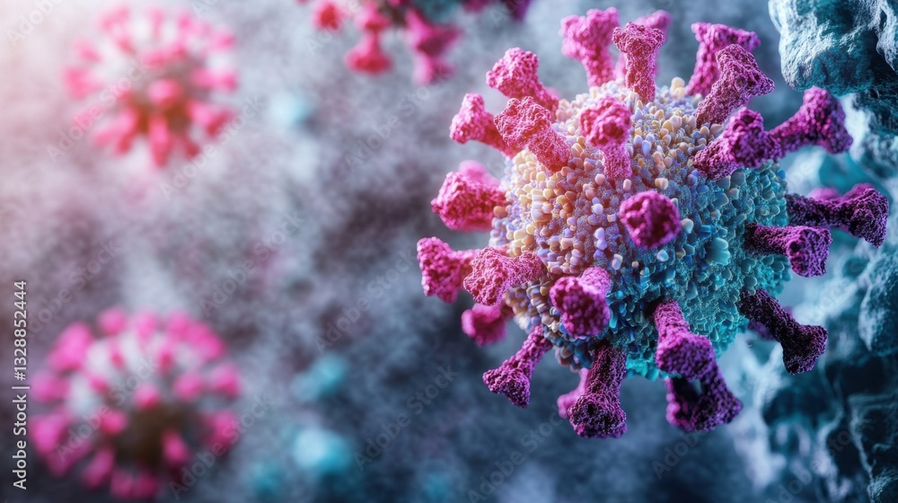 hyper-realistic 3D microscopic image of the coronavirus, vibrant colors filling the entire frame, ultra-detailed texture, set against a gray background with an uneven luminescent texture hyper-realistic 3D microscopic image of the coronavirus, vibrant colors filling the entire frame, ultra-detailed texture, set against a gray background with an uneven luminescent texture