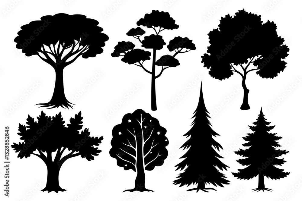 Fototapeta premium six different types of trees line art silhouette vector illustration