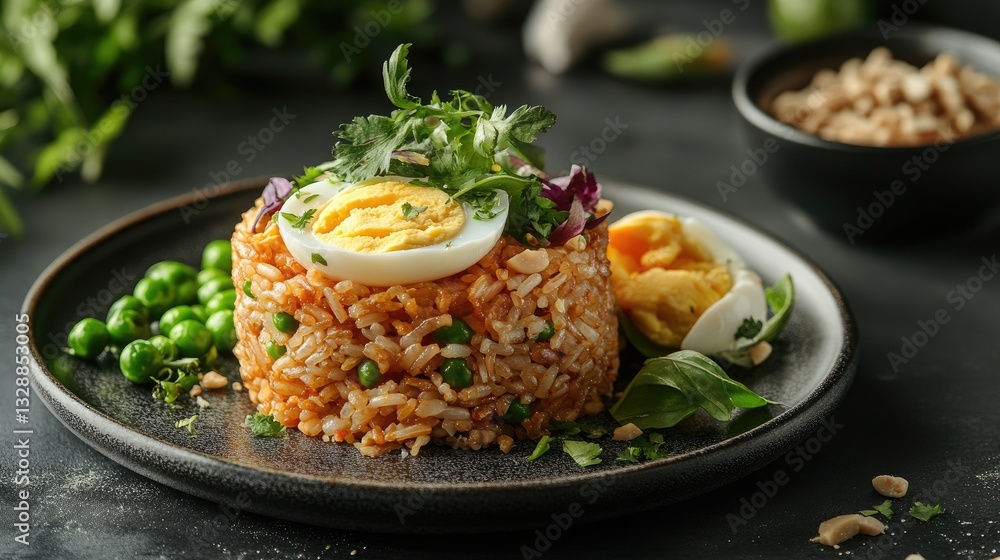 Colorful Plate of Rice Dish with Egg Garnish and Vegetables on Rustic Table Colorful Plate of Rice Dish with Egg Garnish and Vegetables on Rustic Table