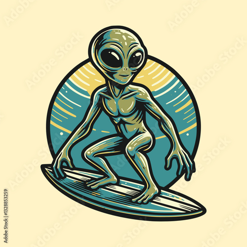 illustration of alien surfing in the sea