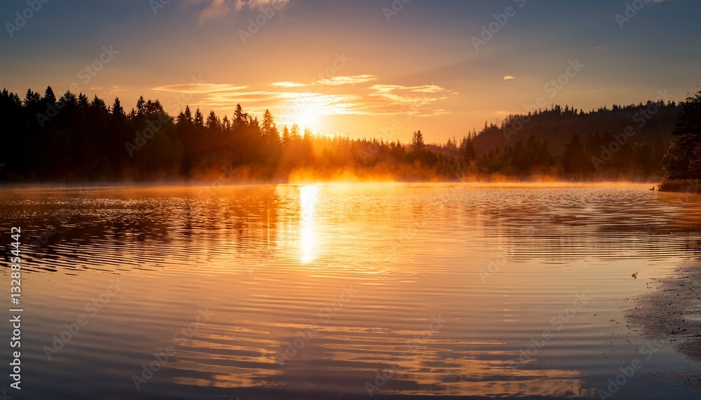 Fototapeta premium Gentle ripples on a lake at sunrise, with soft golden light reflecting off the calm surface, creating a serene and peaceful atmosphere