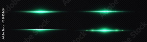 Green horizontal glare. Laser beams, horizontal light beams of laser glow. Glowing lines on a black background.