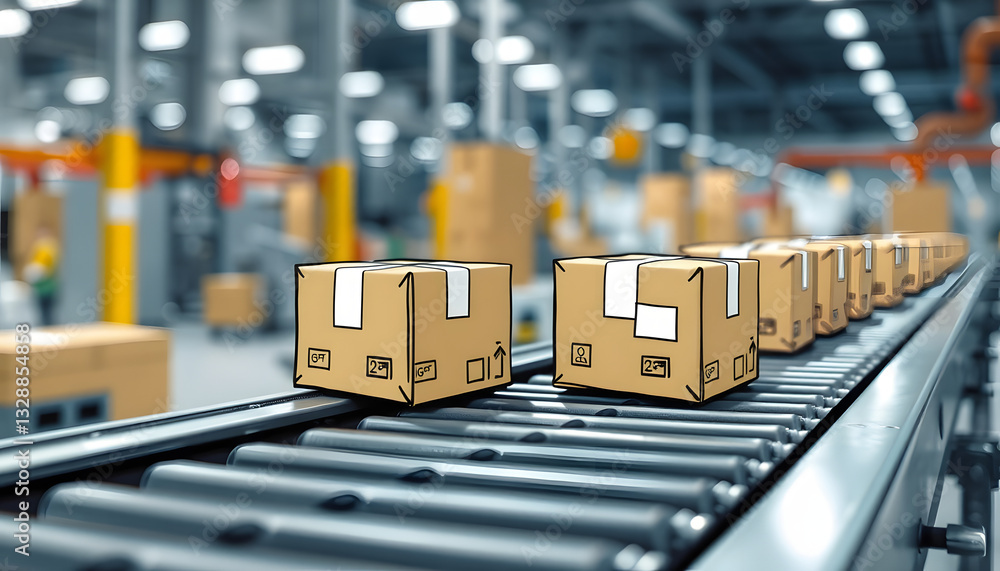 Parcels on conveyors with blurred industrial background, doodle art. isolated with white highlights Parcels on conveyors with blurred industrial background, doodle art. isolated with white highlights