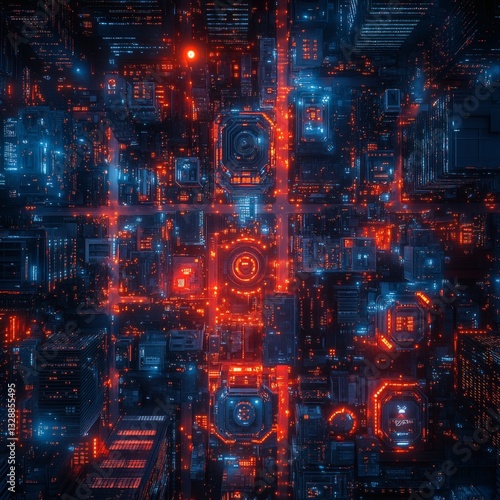 an aerial view of futuristic cityscape with neon lights at night