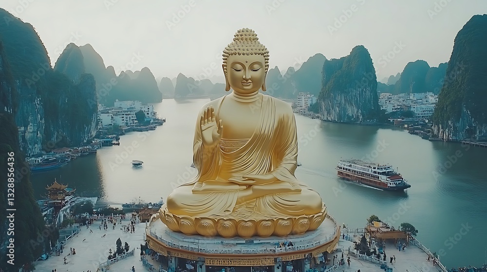 Fototapeta premium Golden Buddha overlooks serene bay