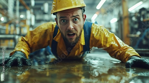 Factory worker slipping on oily floor during shift industrial site safety incident indoor dramatic perspective