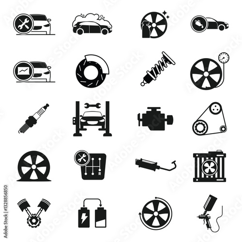 The image contains a collection of black and white car service and maintenance icons. These icons represent various automotive-related concepts
