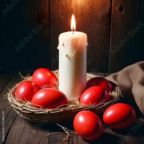 Rustic Easter composition candle and red eggs in a basket