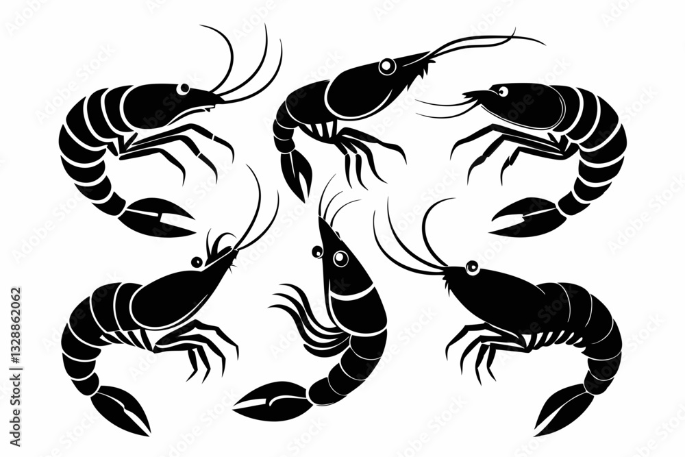 shrimp set line art silhouette vector illustration shrimp set line art silhouette vector illustration