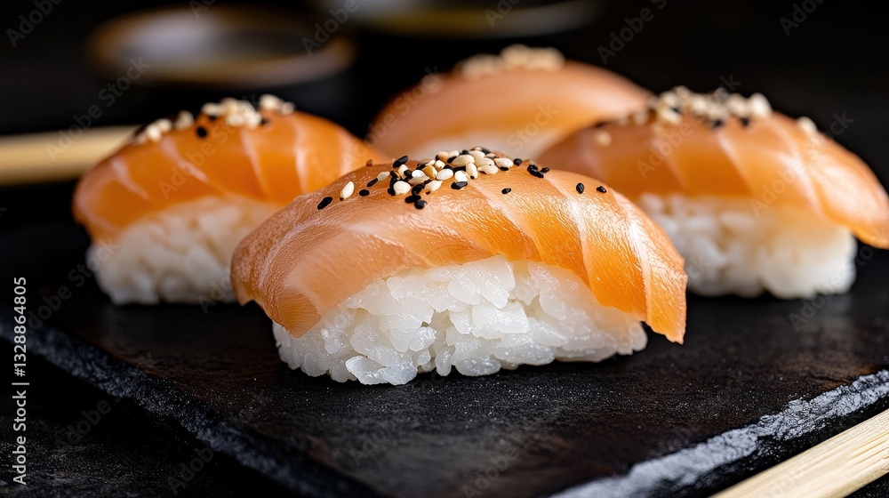Salmon nigiri resting on a dark slate surface with sesame seeds Salmon nigiri resting on a dark slate surface with sesame seeds