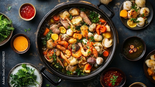 Wallpaper Mural An overhead view of a hot pot with an assortment of meat, seafood, and vegetables cooking in a flavorful broth, surrounded by small bowls of dipping sauces. Torontodigital.ca