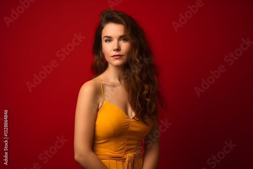 Wallpaper Mural Beautiful Woman with Long Wavy Brown Hair Wearing a Stylish Yellow Dress Torontodigital.ca